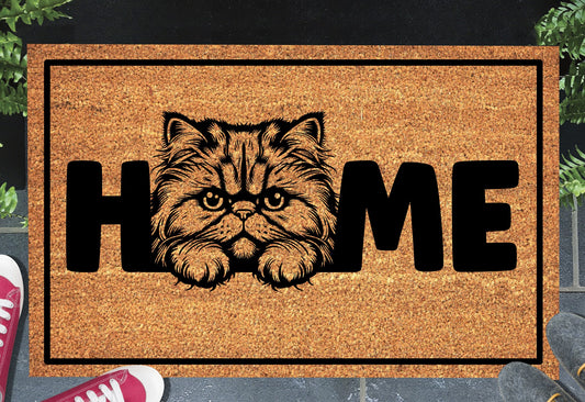 Persian cat doormat #2 on front porch entryway with HOME text