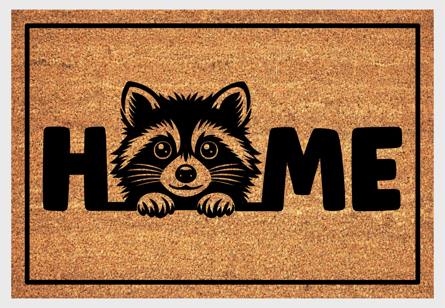 Raccoon coir doormat #1 with wildlife design and HOME lettering
