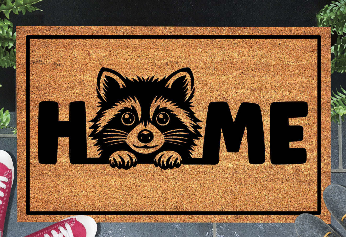 Raccoon doormat #1 on front porch entryway with HOME text