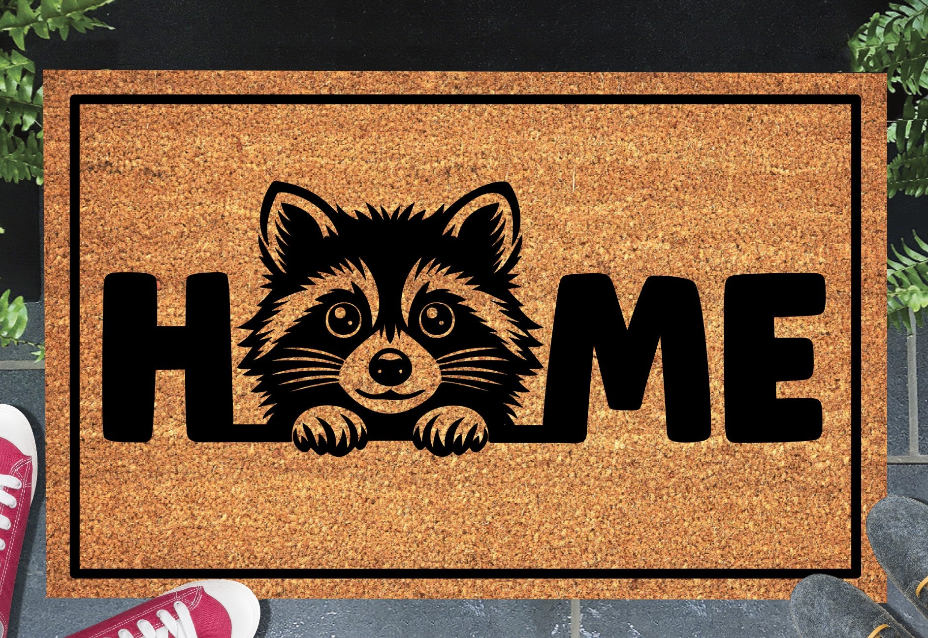 Raccoon doormat #1 on front porch entryway with HOME text