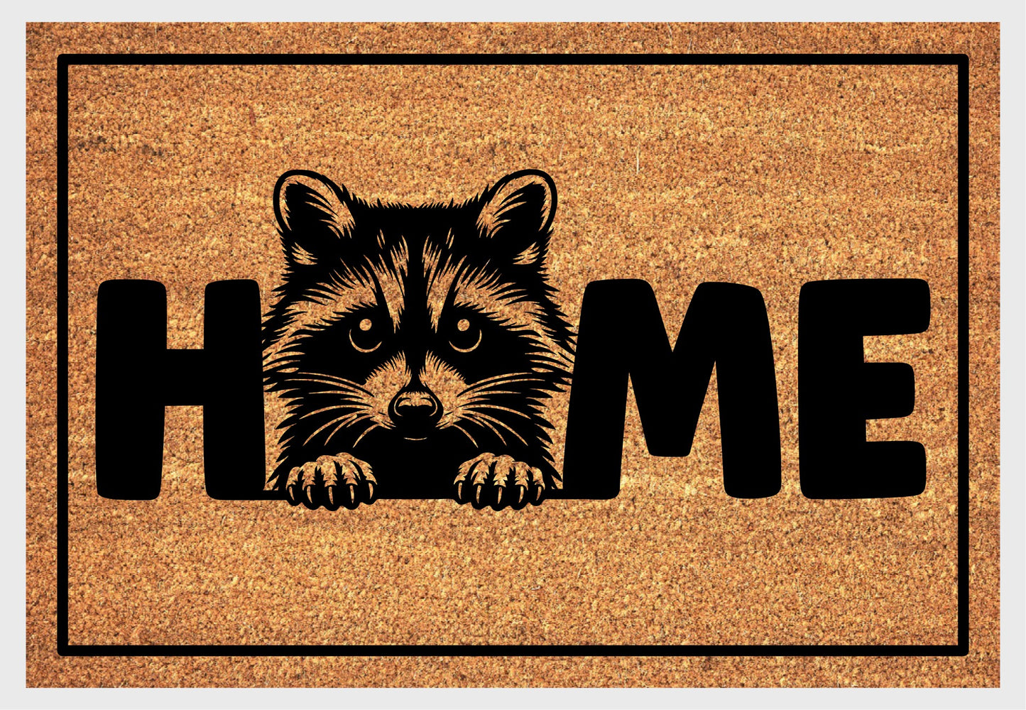 Raccoon coir doormat #2 with wildlife design and HOME lettering