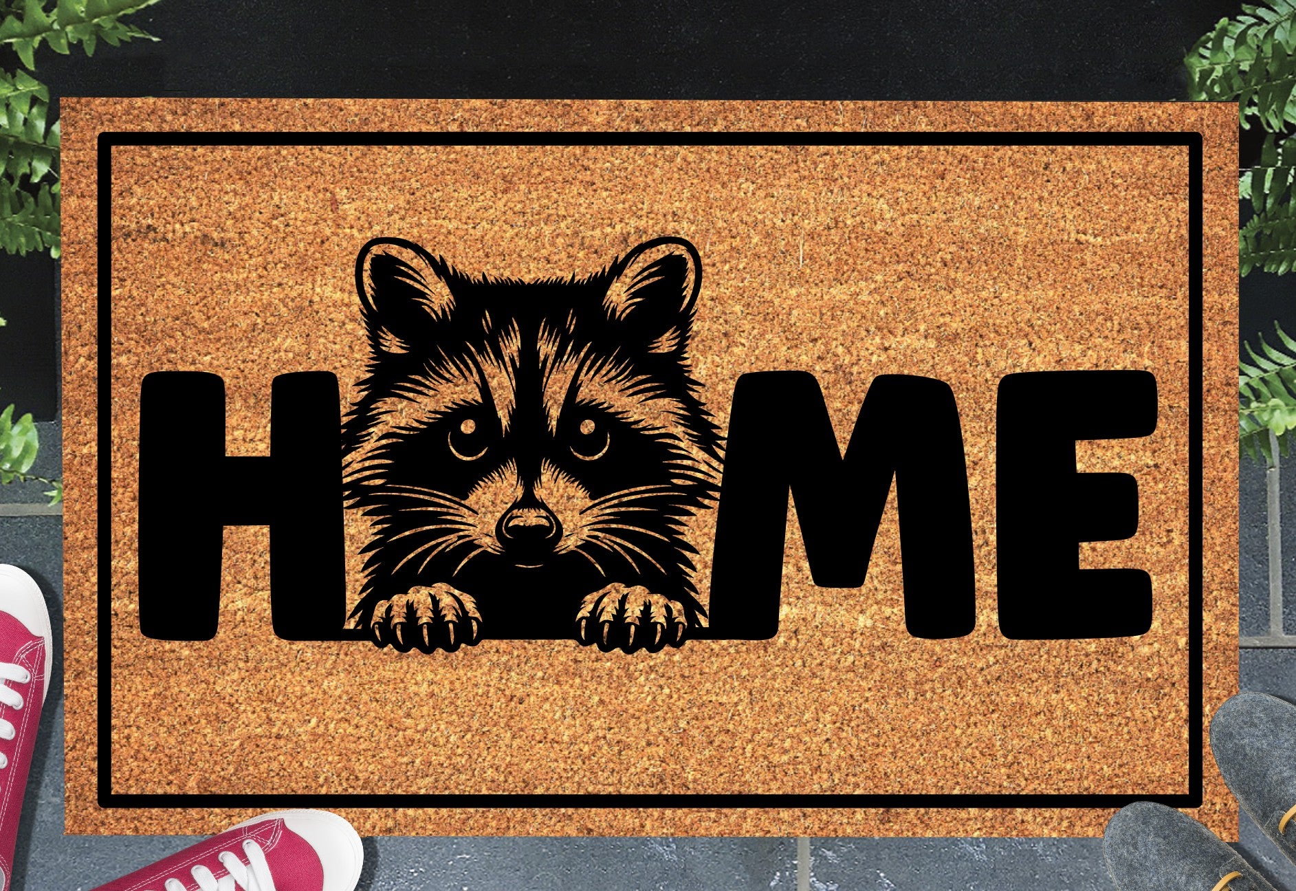 Raccoon doormat #2 on front porch entryway with HOME text