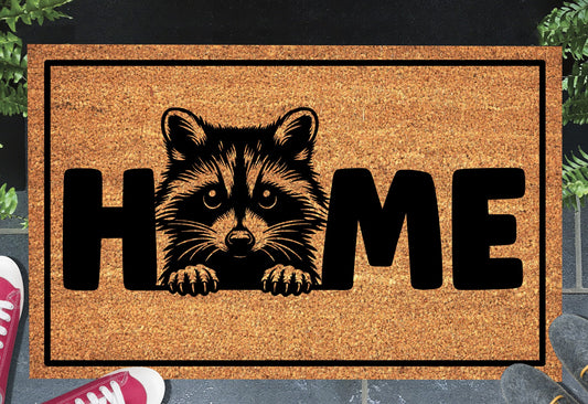 Raccoon doormat #2 on front porch entryway with HOME text