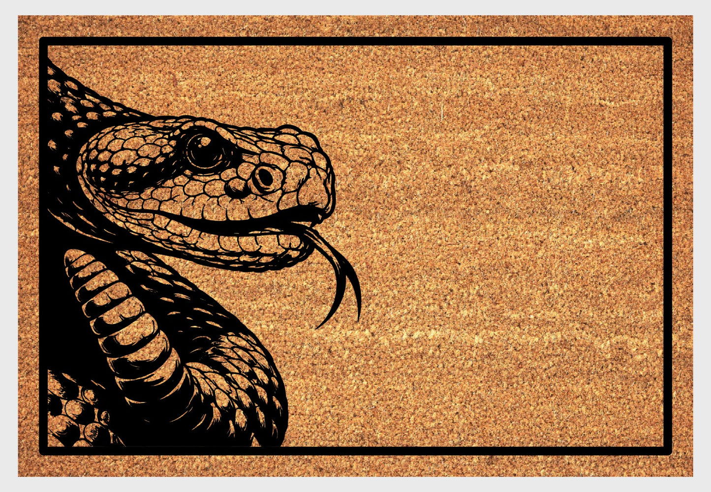 Rattlesnake peeking doormat close-up - natural coir with peeping rattlesnake design