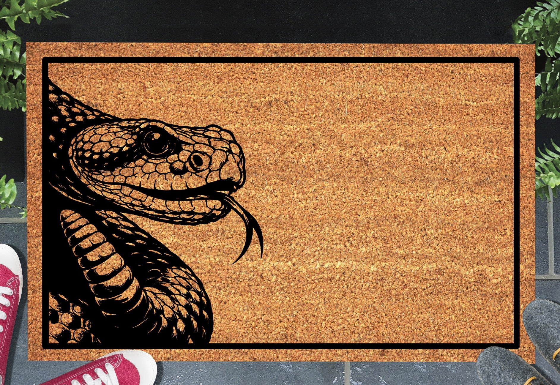 Rattlesnake peeking doormat in entryway - 16x24 size