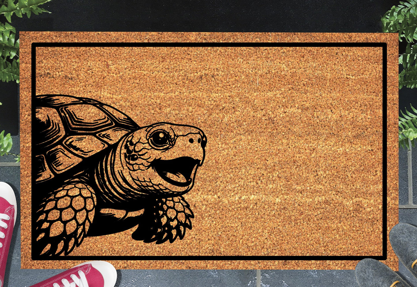 Russian tortoise doormat #1 on front porch entryway