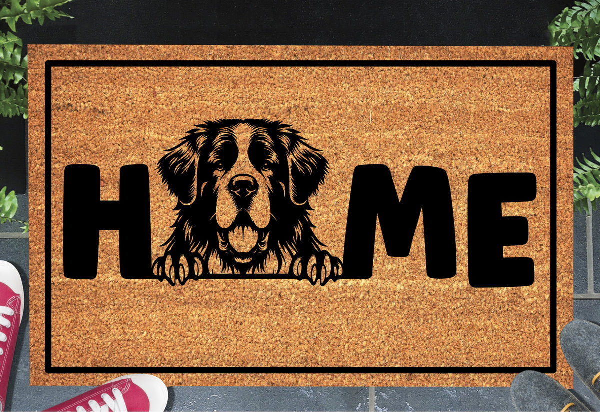 Saint Bernard doormat #1 on front porch entryway with HOME text