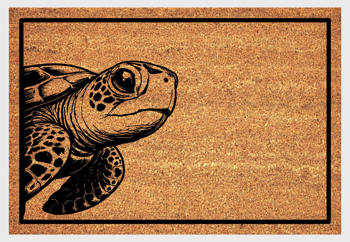 Sea turtle peeking doormat close-up - natural coir with peeping sea turtle design