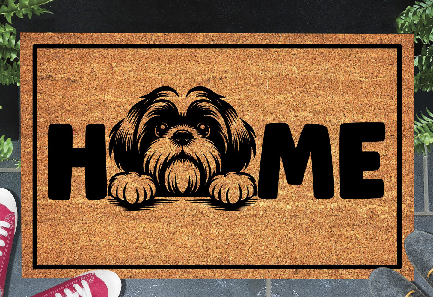 Shih Tzu doormat #1 on front porch entryway with HOME text