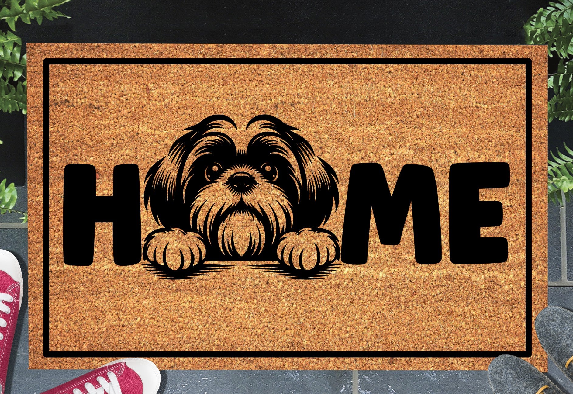 Shih Tzu doormat #1 on front porch entryway with HOME text
