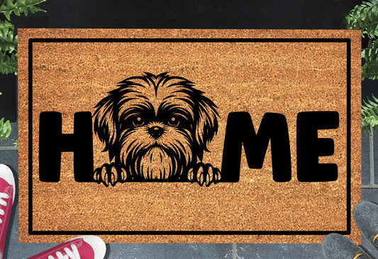 Shih Tzu doormat #2 on front porch entryway with HOME text