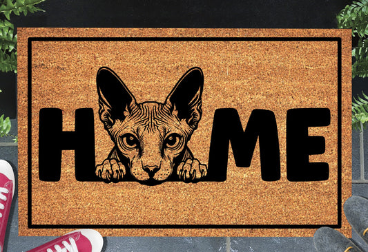 Sphynx cat doormat #1 with home text placed at front door entryway
