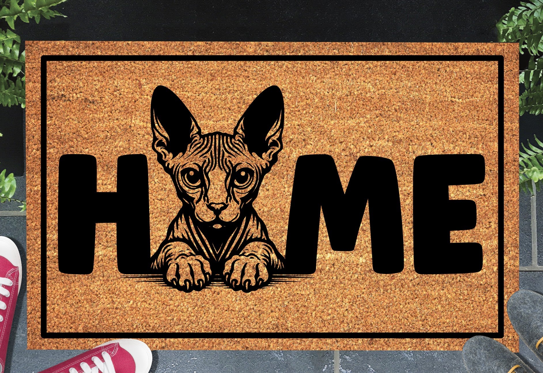 Sphynx cat doormat #2 with home text placed at front door entryway