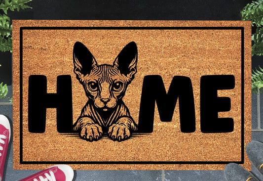 Sphynx cat doormat #2 with home text placed at front door entryway