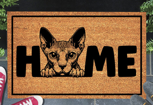 Sphynx cat doormat #3 with home text placed at front door entryway