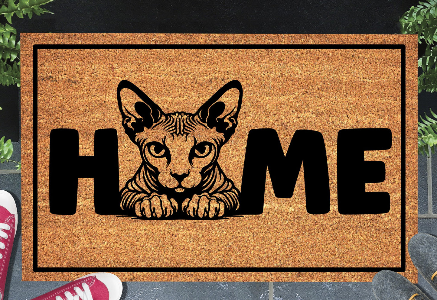 Sphynx cat doormat #4 with home text placed at front door entryway