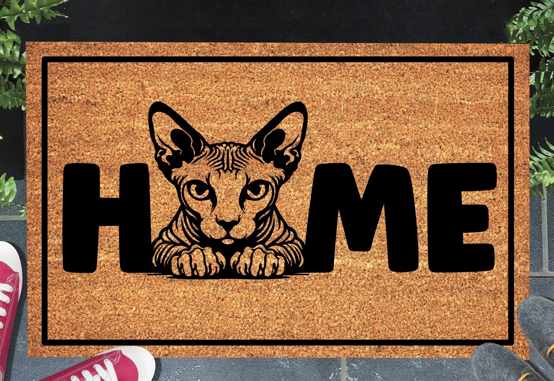 Sphynx cat doormat #4 with home text placed at front door entryway
