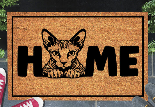 Sphynx cat doormat #4 with home text placed at front door entryway
