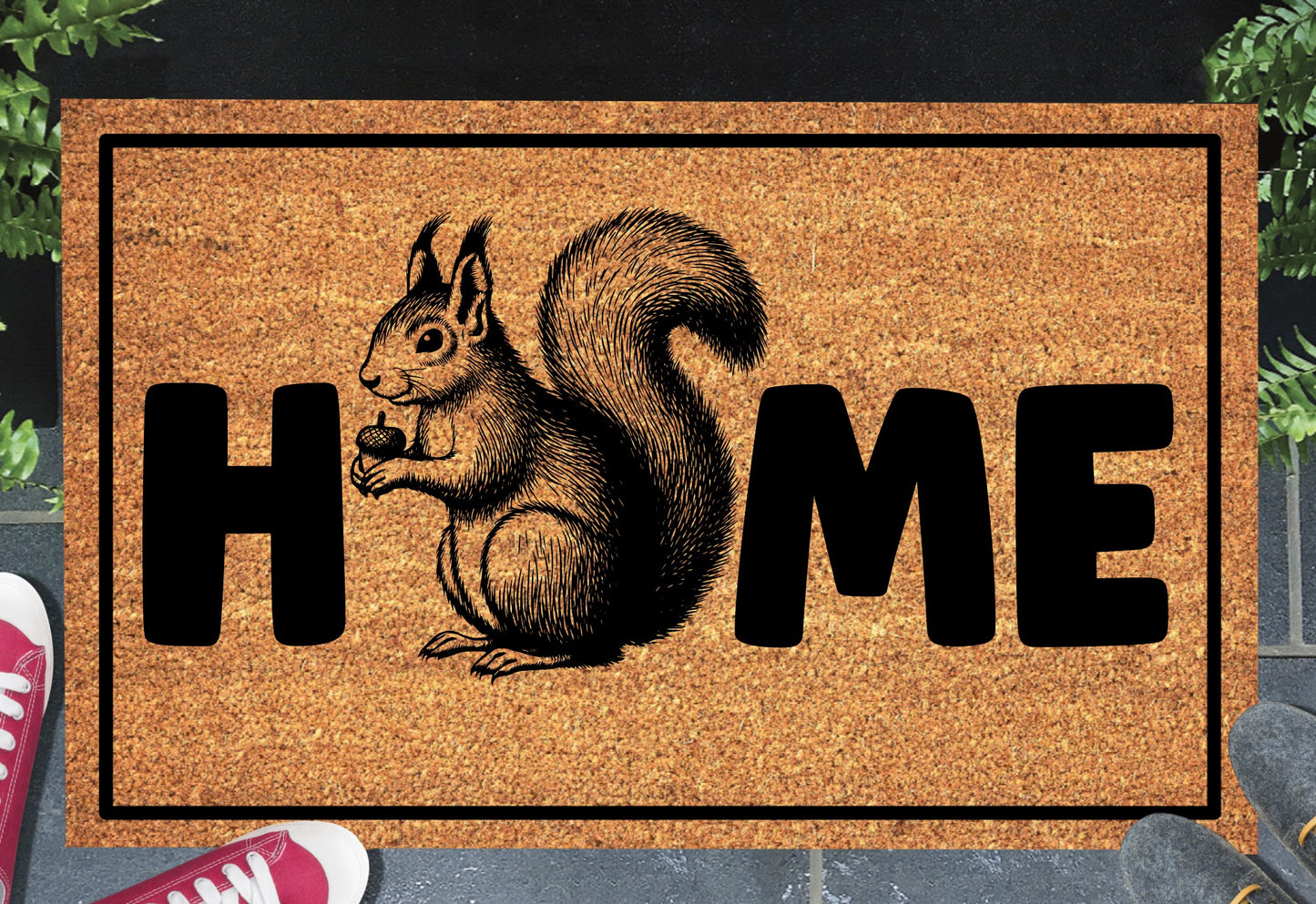Red squirrel doormat #2 on front porch with HOME text