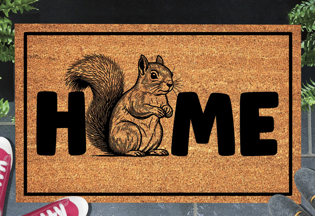 Grey squirrel doormat #3 on front porch entryway with HOME text