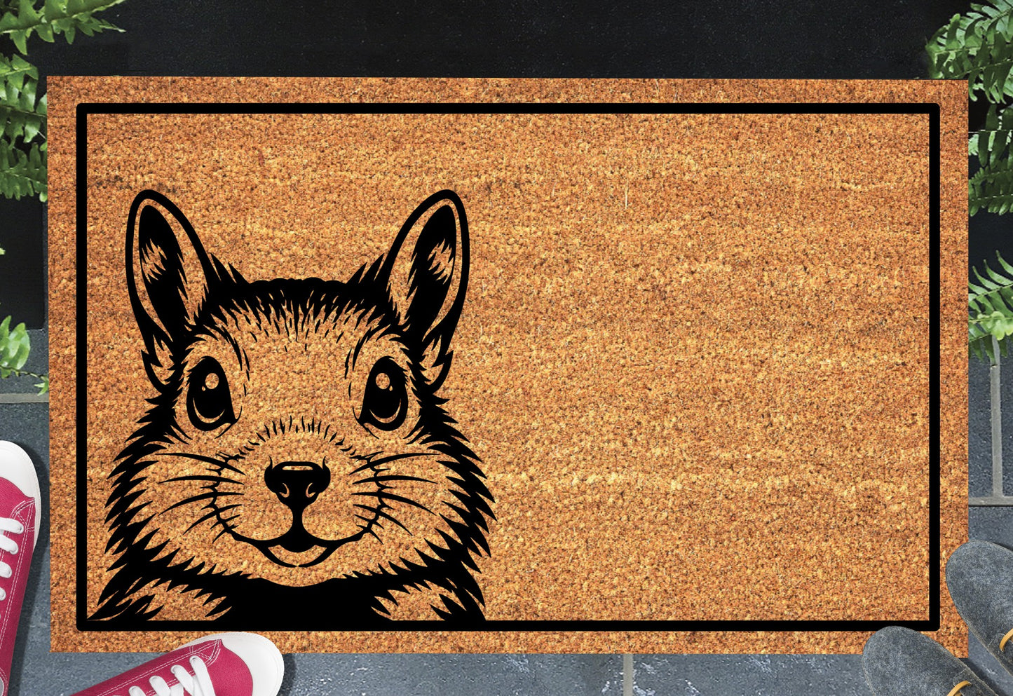 Peeking squirrel doormat #1 on front porch entryway