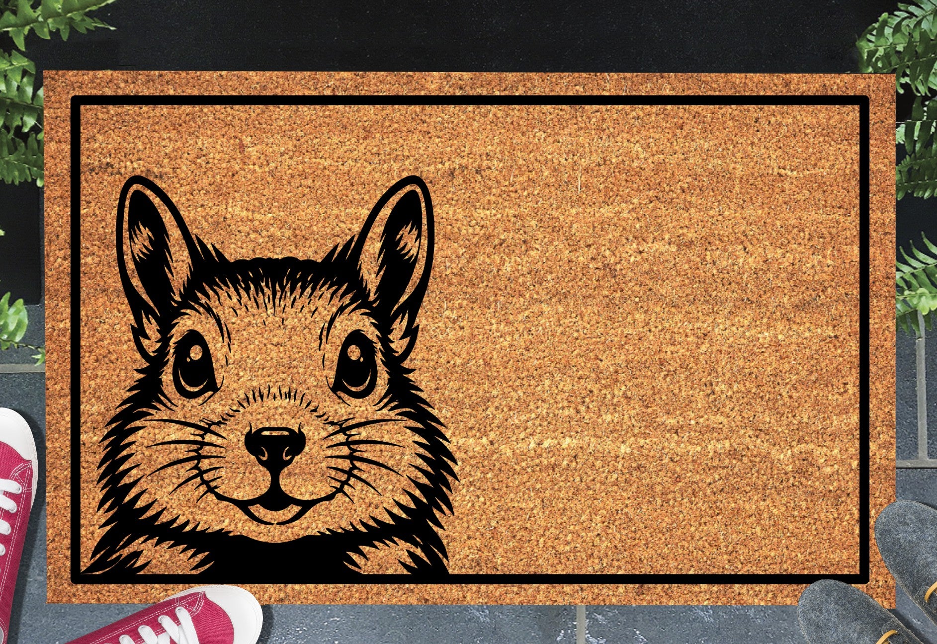 Peeking squirrel doormat #1 on front porch entryway