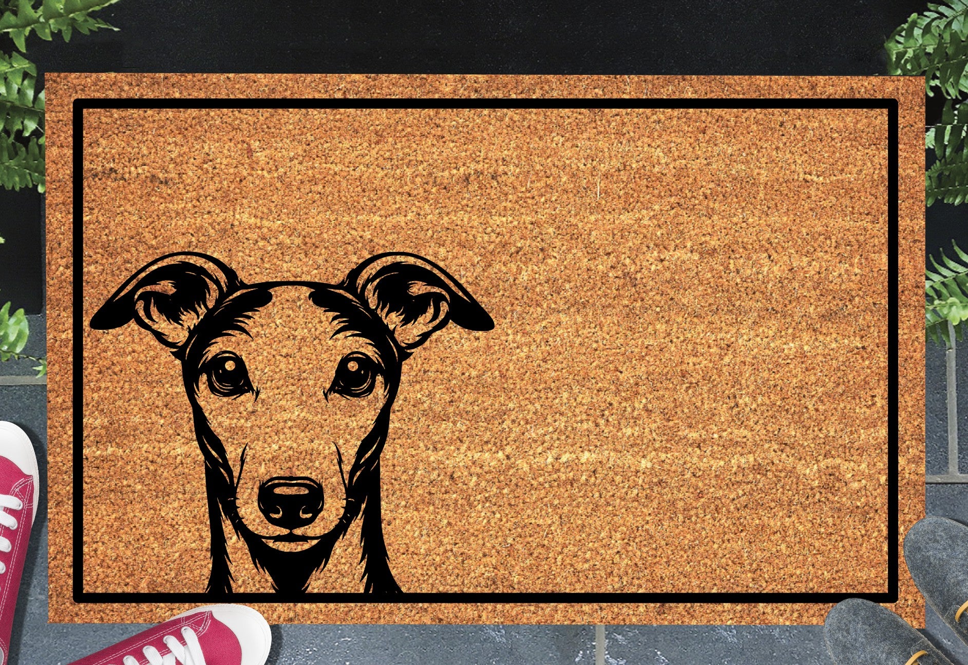 Peeking whippet doormat #1 on front porch entryway
