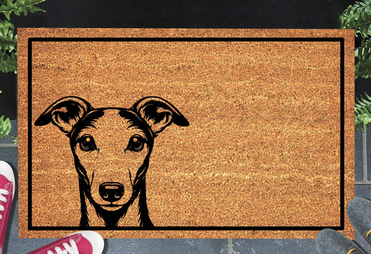 Peeking whippet doormat #1 on front porch entryway