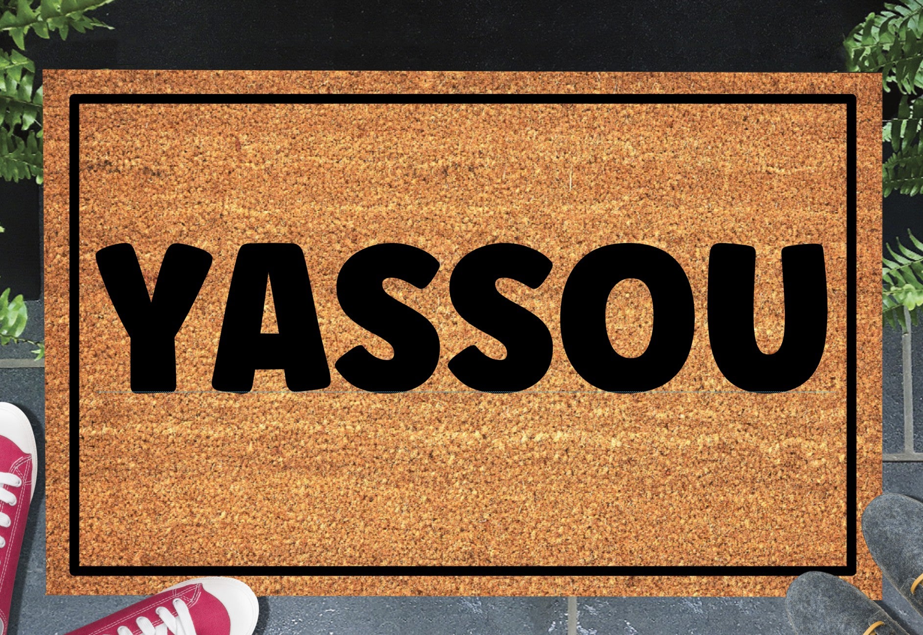 Yassou Greek welcome doormat placed at front door entrance