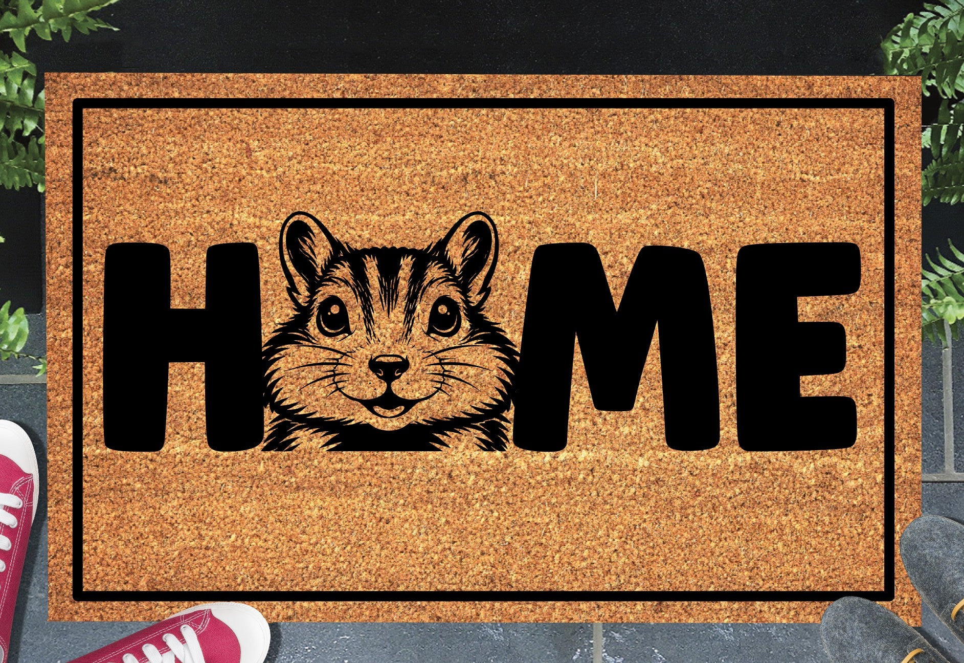 Chipmunk doormat #1 on front porch entryway with HOME text