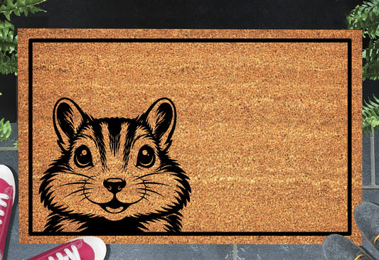 Peeking chipmunk doormat #1 on front porch entryway