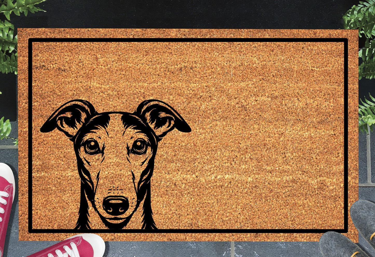 Peeking greyhound doormat #1 on front porch entryway
