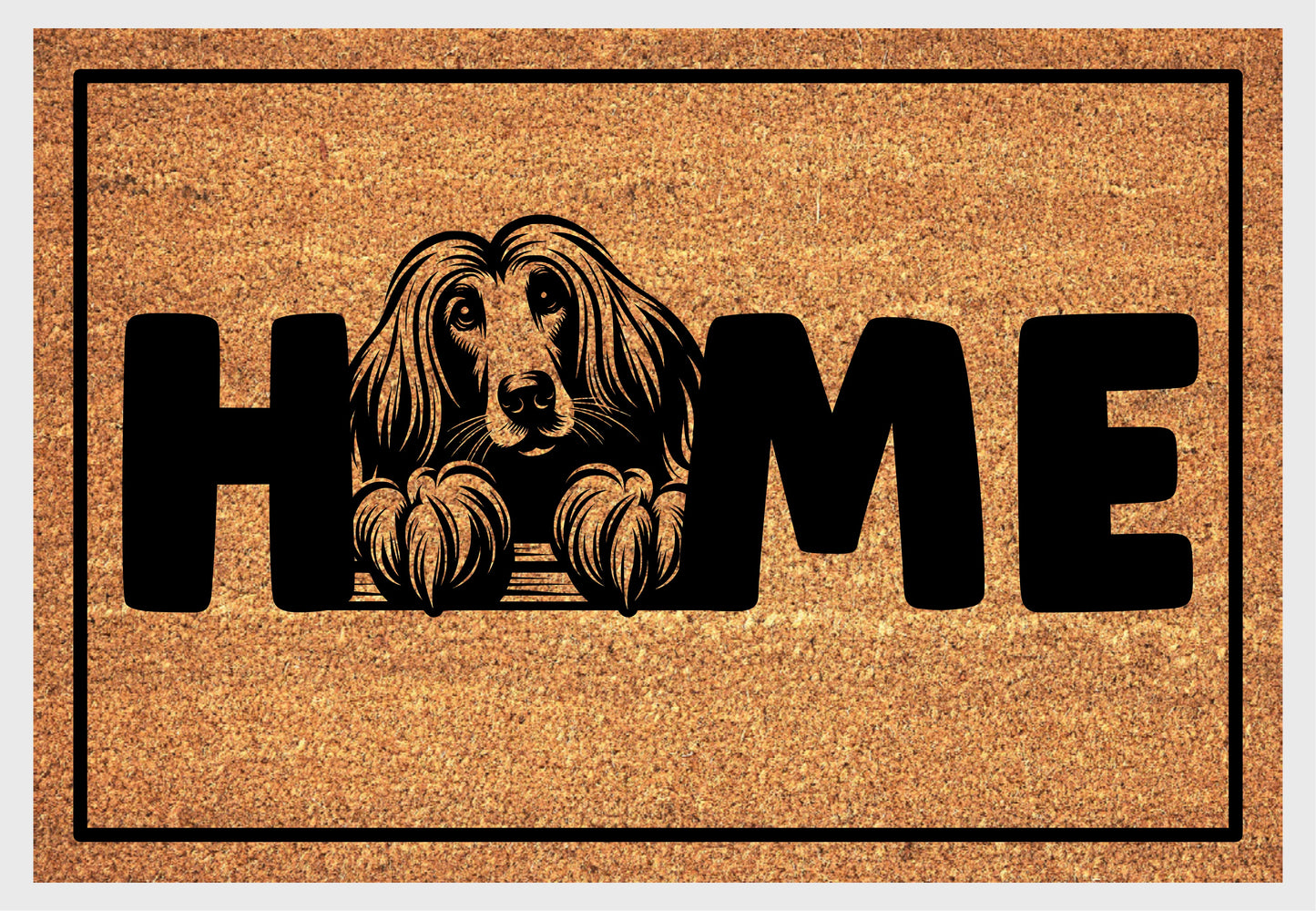 Afghan Hound coir doormat with portrait illustration of an Affie replacing the letter O in bold black HOME lettering, on a natural golden coir surface with black border, plain white background.