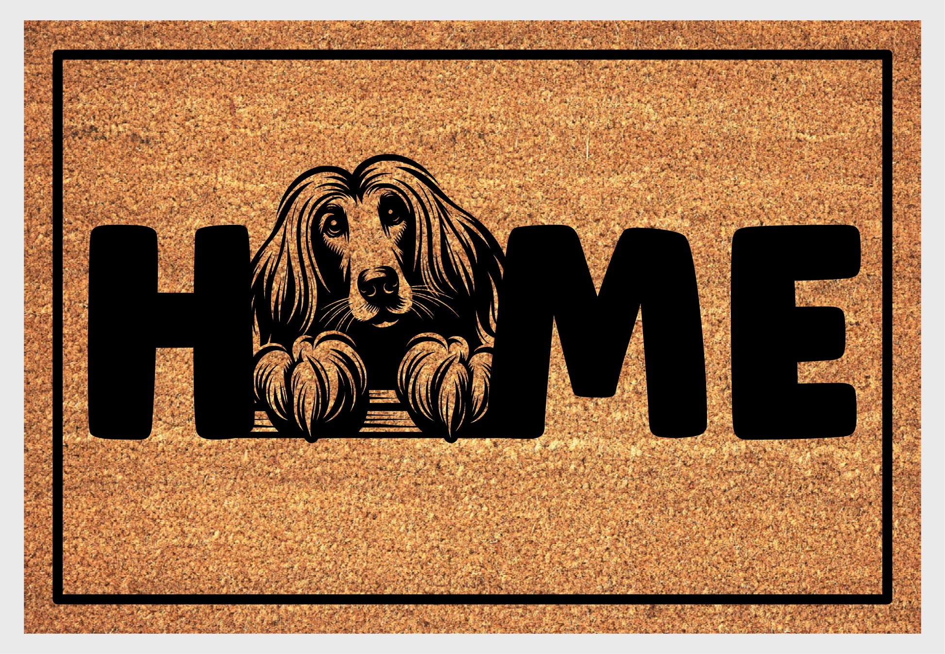 Afghan Hound coir doormat with portrait illustration of an Affie replacing the letter O in bold black HOME lettering, on a natural golden coir surface with black border, plain white background.