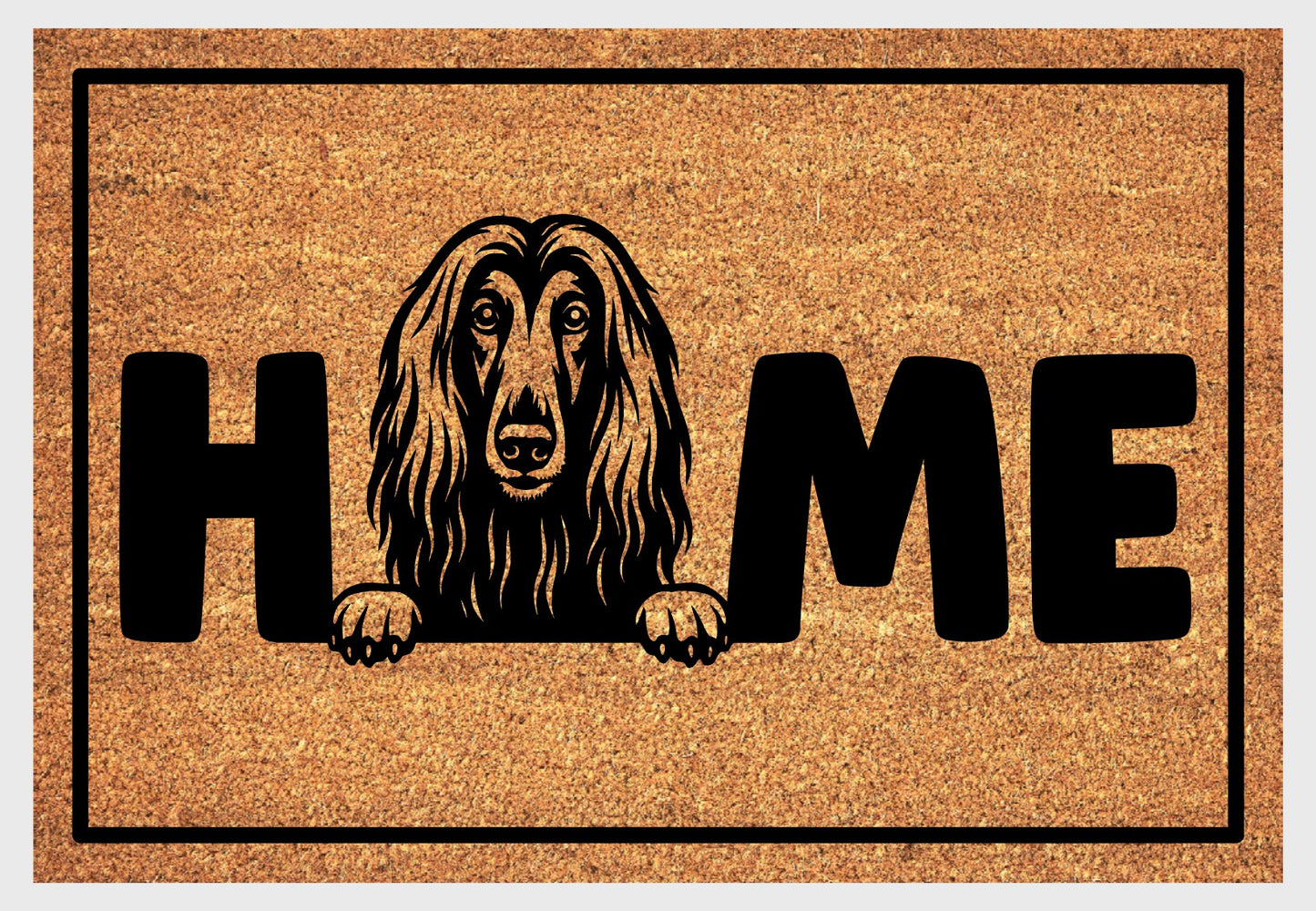Afghan Hound coir doormat with portrait illustration of an Affie replacing the letter O in bold black HOME lettering, on a natural golden coir surface with black border, plain white background