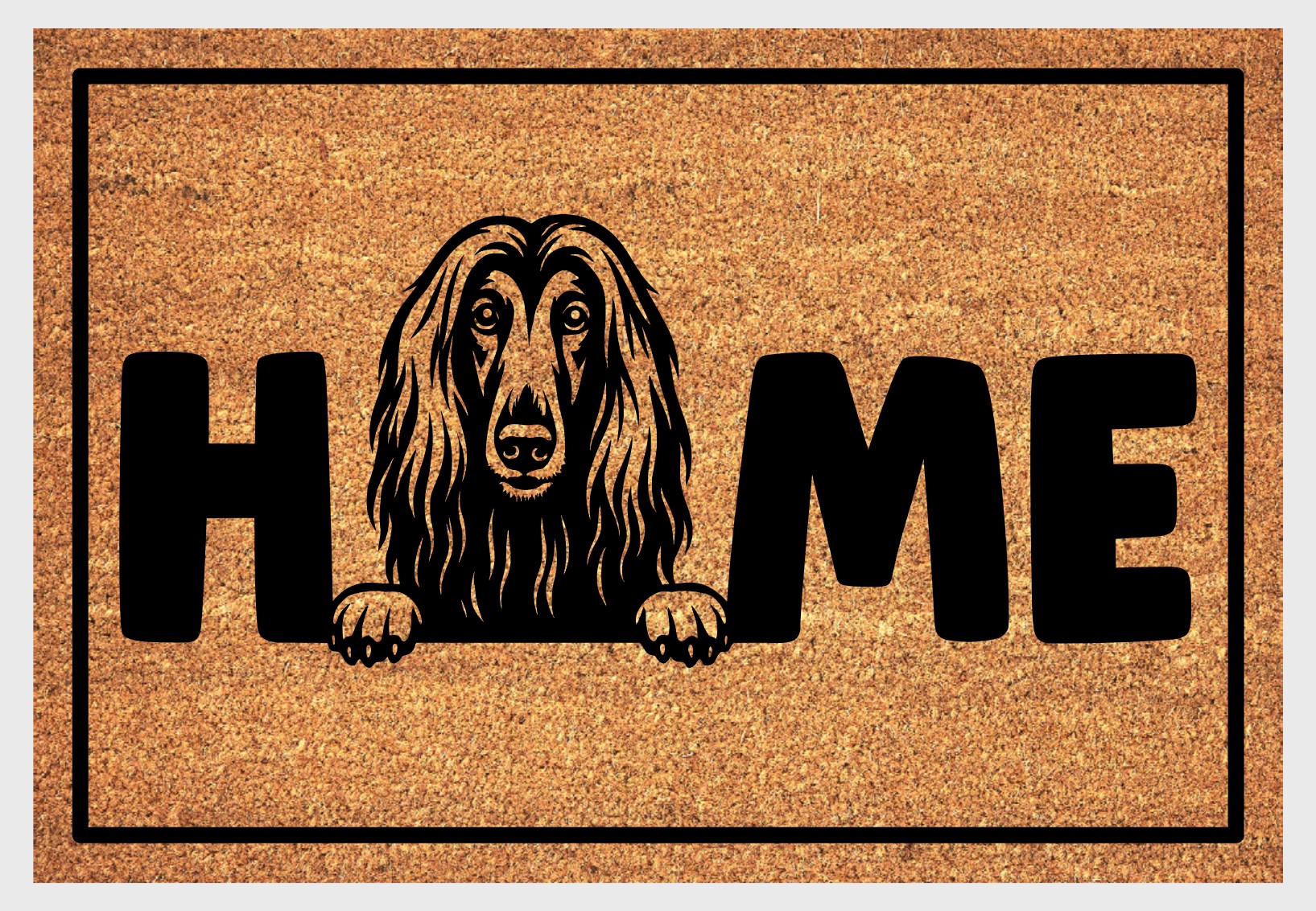 Afghan Hound coir doormat with portrait illustration of an Affie replacing the letter O in bold black HOME lettering, on a natural golden coir surface with black border, plain white background
