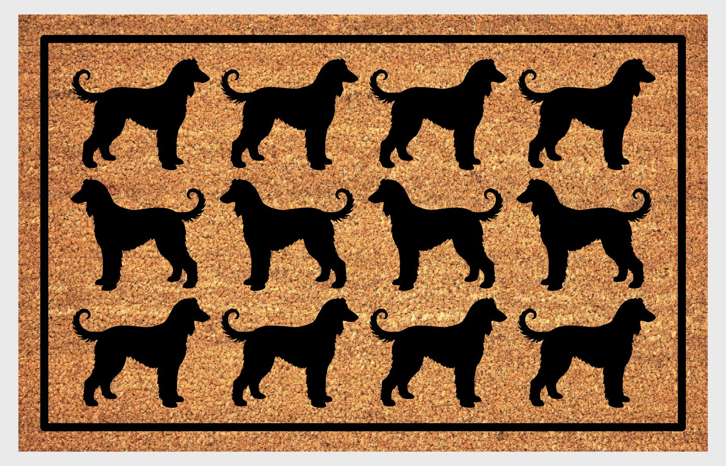 Afghan Hound Parade coir doormat — rows of Affie silhouettes in a repeating pattern on a natural coir mat with black border