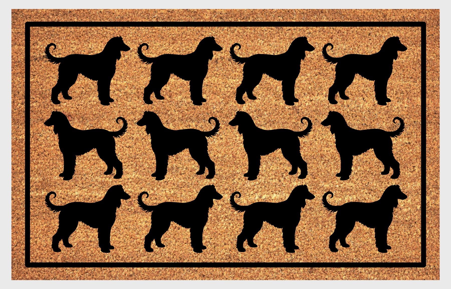 Afghan Hound Parade coir doormat — rows of Affie silhouettes in a repeating pattern on a natural coir mat with black border