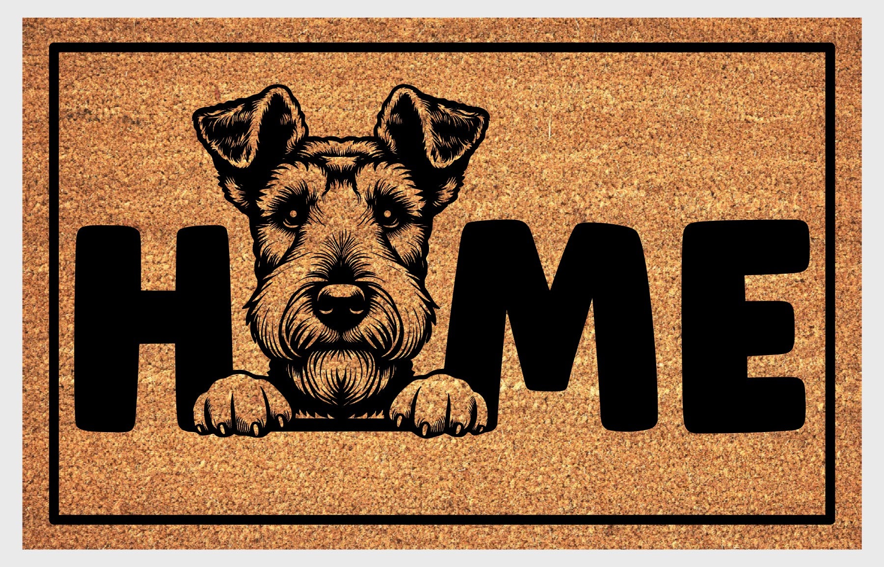 Airedale Terrier King of Terriers coir doormat with bold black HOME lettering and Airedale Terrier illustration replacing the letter O, on a natural golden coir surface with black border, plain white background