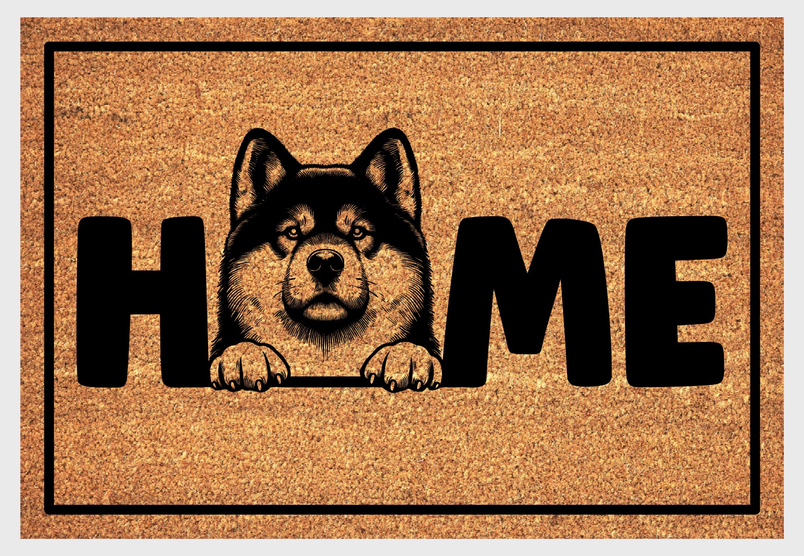 Akita coir doormat with portrait illustration of an Akita replacing the letter O in bold black HOME lettering, on a natural golden coir surface with black border, plain white background