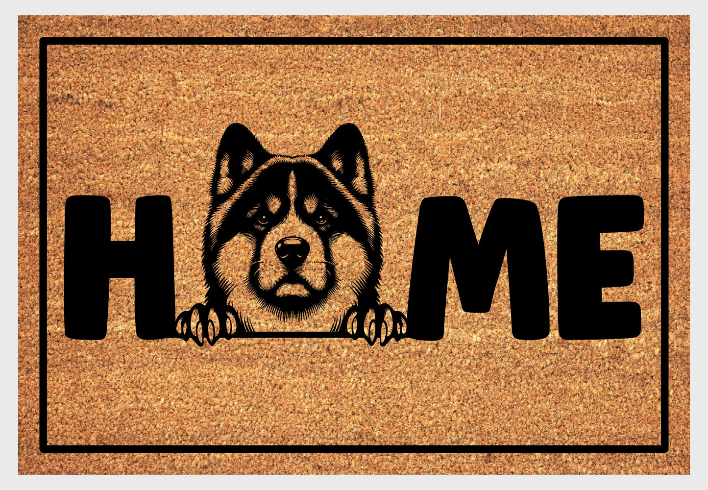 Akita coir doormat with portrait illustration of an Akita replacing the letter O in bold black HOME lettering, on a natural golden coir surface with black border, plain white background