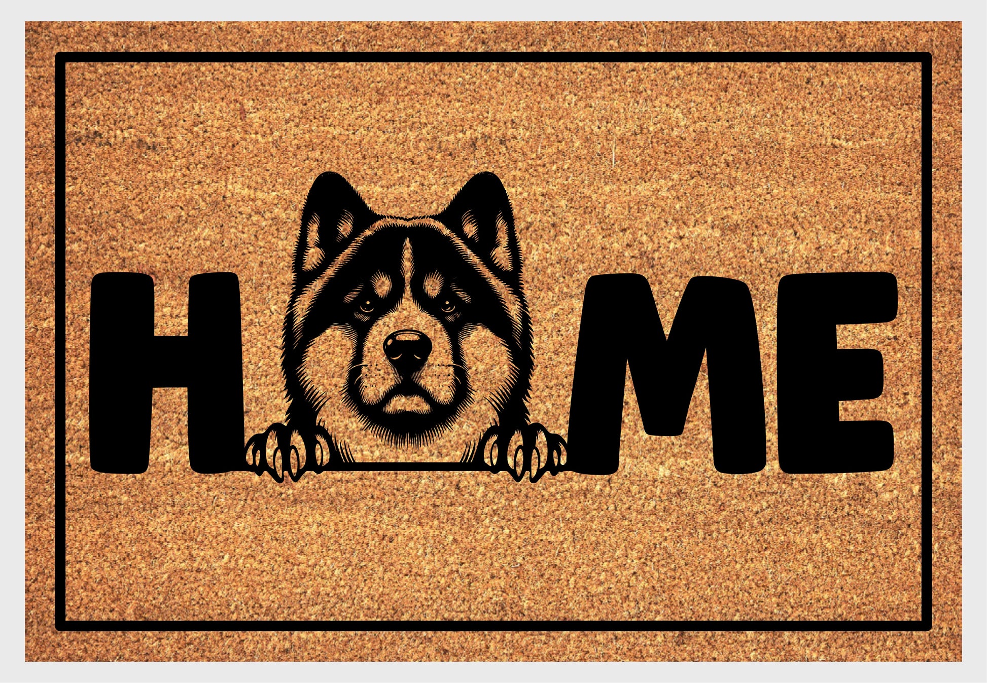 Akita coir doormat with portrait illustration of an Akita replacing the letter O in bold black HOME lettering, on a natural golden coir surface with black border, plain white background