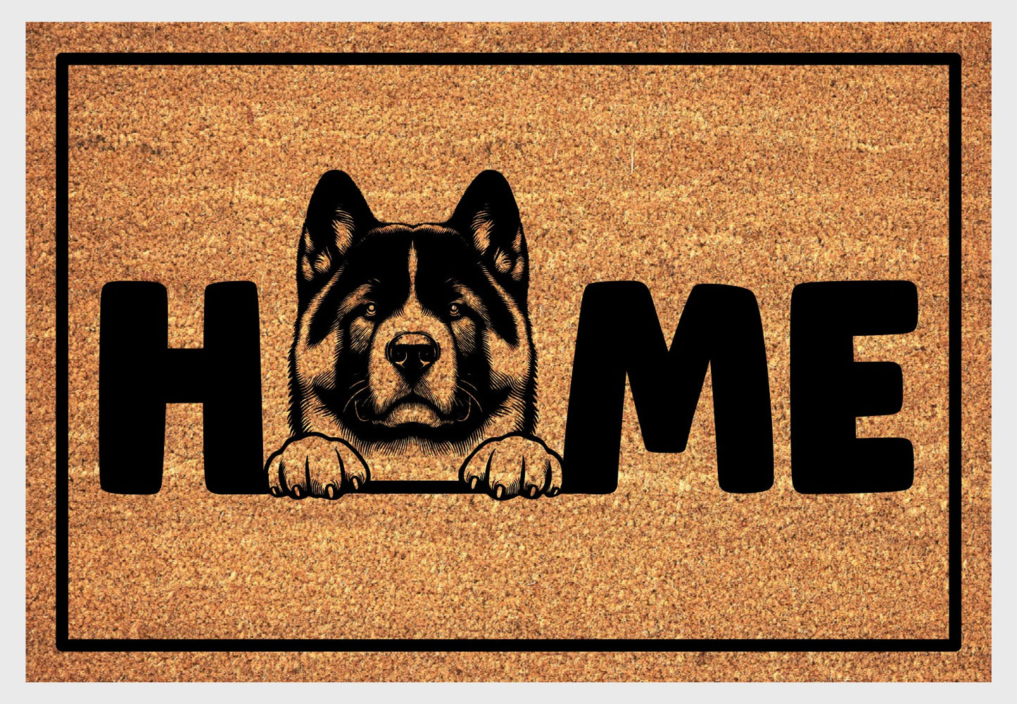 Akita coir doormat with portrait illustration of an Akita replacing the letter O in bold black HOME lettering, on a natural golden coir surface with black border, plain white background
