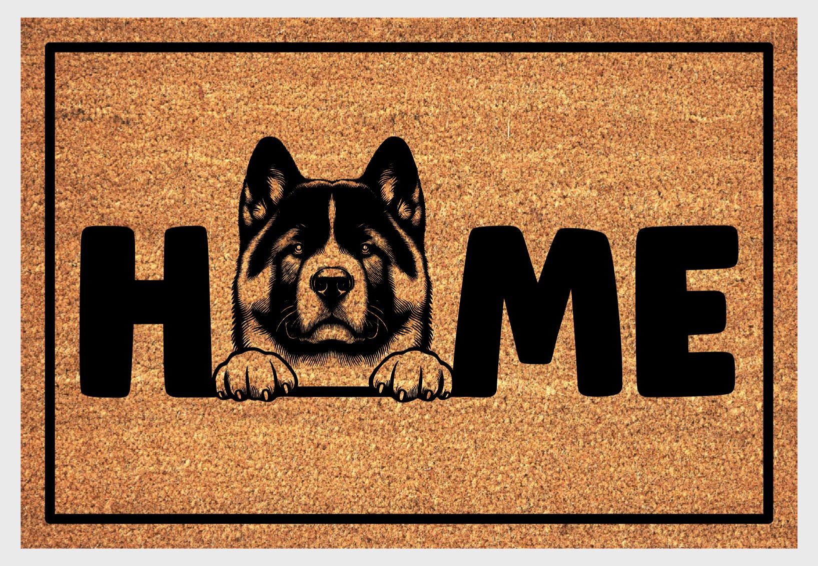 Akita coir doormat with portrait illustration of an Akita replacing the letter O in bold black HOME lettering, on a natural golden coir surface with black border, plain white background