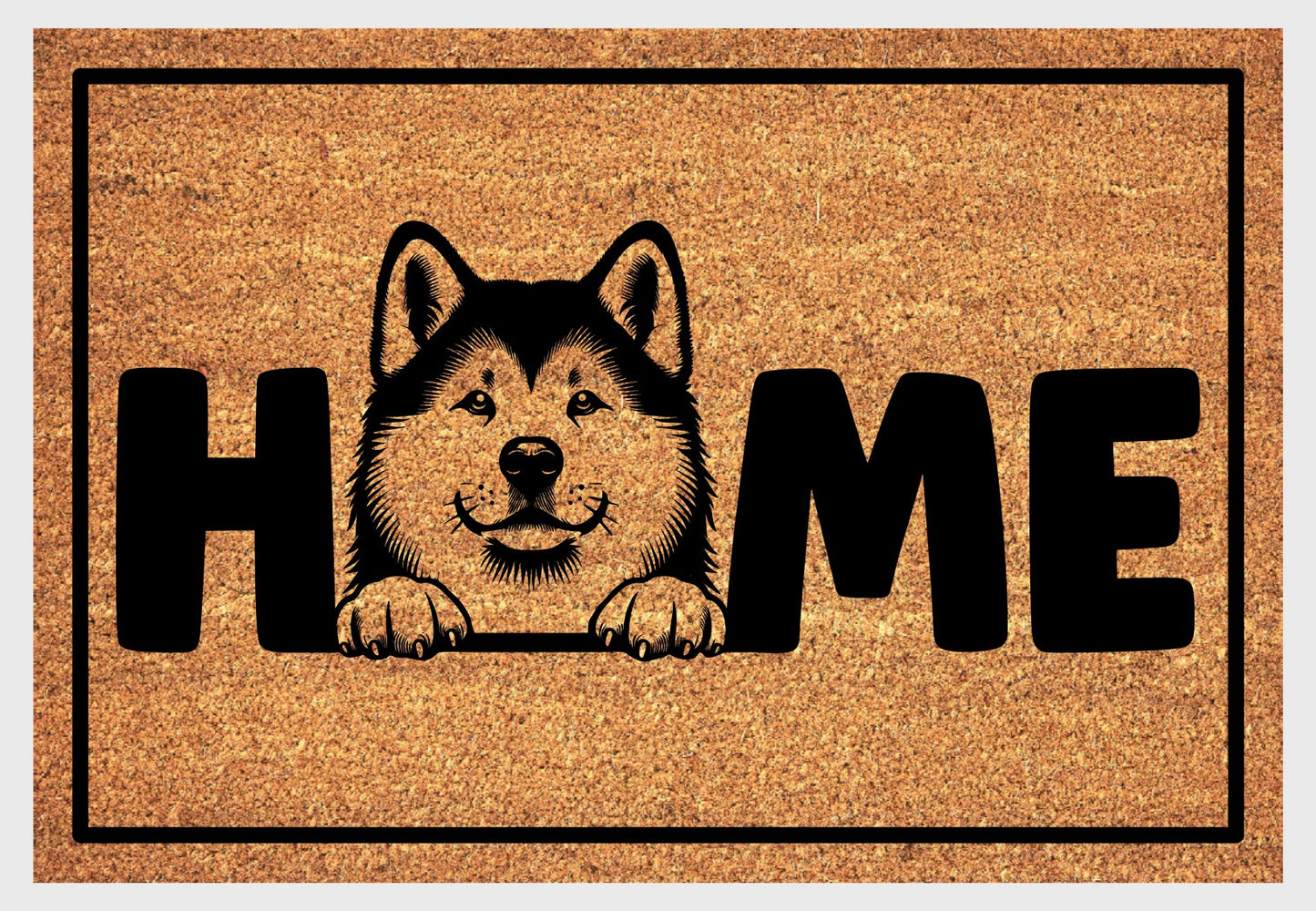 Akita coir doormat with portrait illustration of an Akita replacing the letter O in bold black HOME lettering, on a natural golden coir surface with black border, plain white background