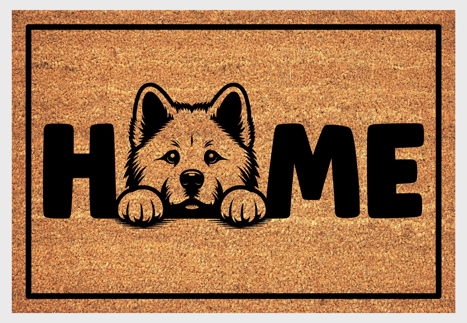 Akita coir doormat with portrait illustration of an Akita replacing the letter O in bold black HOME lettering, on a natural golden coir surface with black border, plain white background