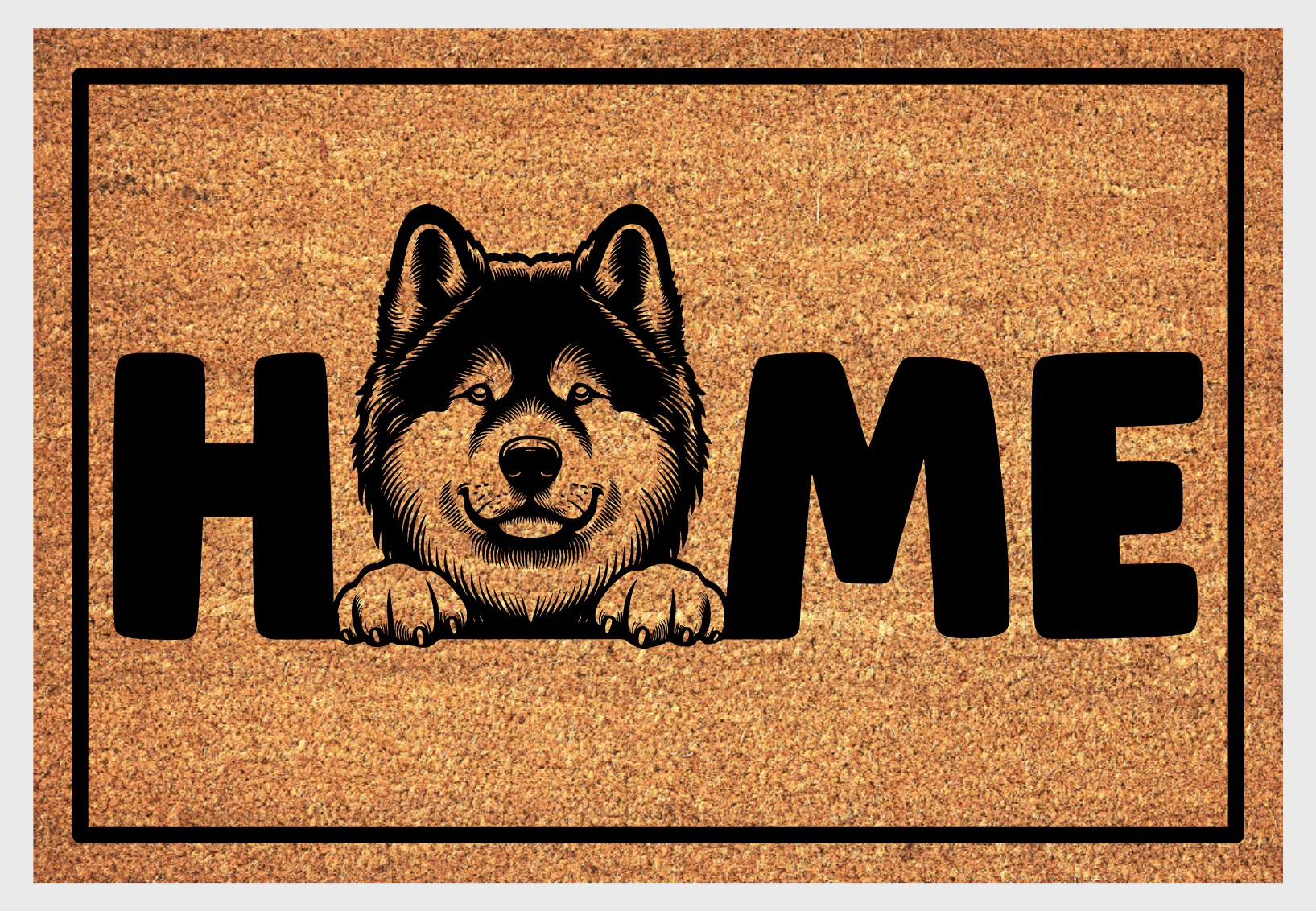 Akita coir doormat with portrait illustration of an Akita replacing the letter O in bold black HOME lettering, on a natural golden coir surface with black border, plain white background