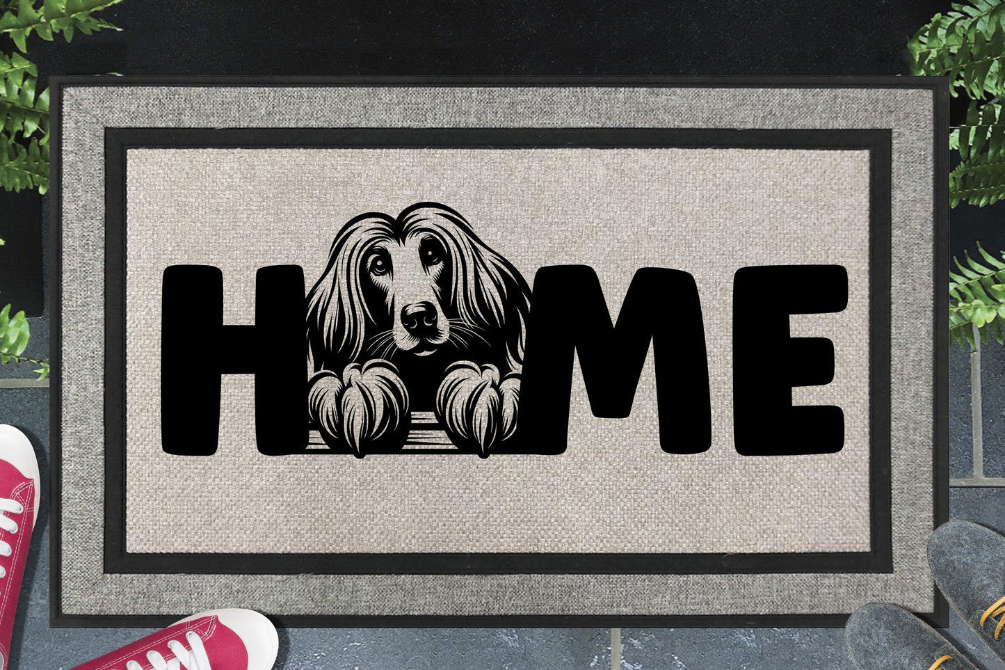 Afghan Hound doormat with HOME text - durable welcome mat with Afghan Hound design - 18x30 size available