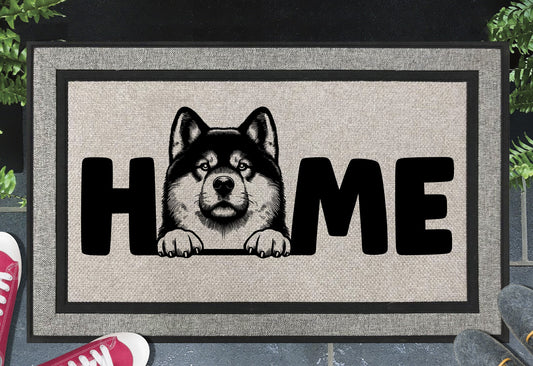 Akita doormat with HOME text - woven polyester outdoor mat featuring Akita dog design - 18x30 non-slip entryway mat