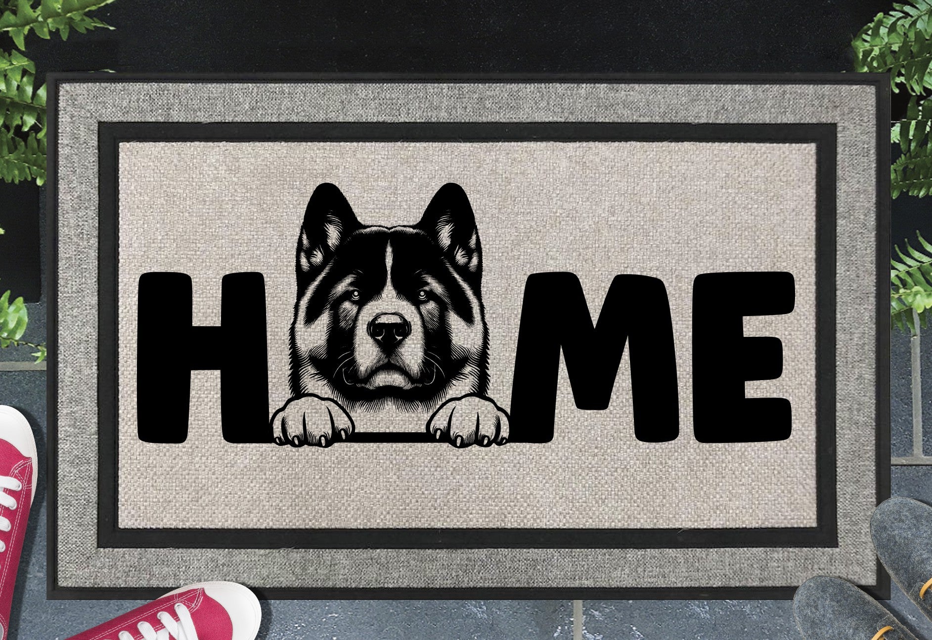 Akita doormat with HOME text - durable woven polyester mat with non-slip backing - 18x30 outdoor entryway mat